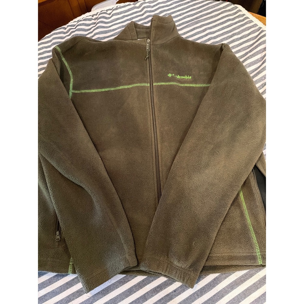 Columbia Field‎ Gear Mens XL Olive Green Full Zip Fleece Jacket Contrast Stitch